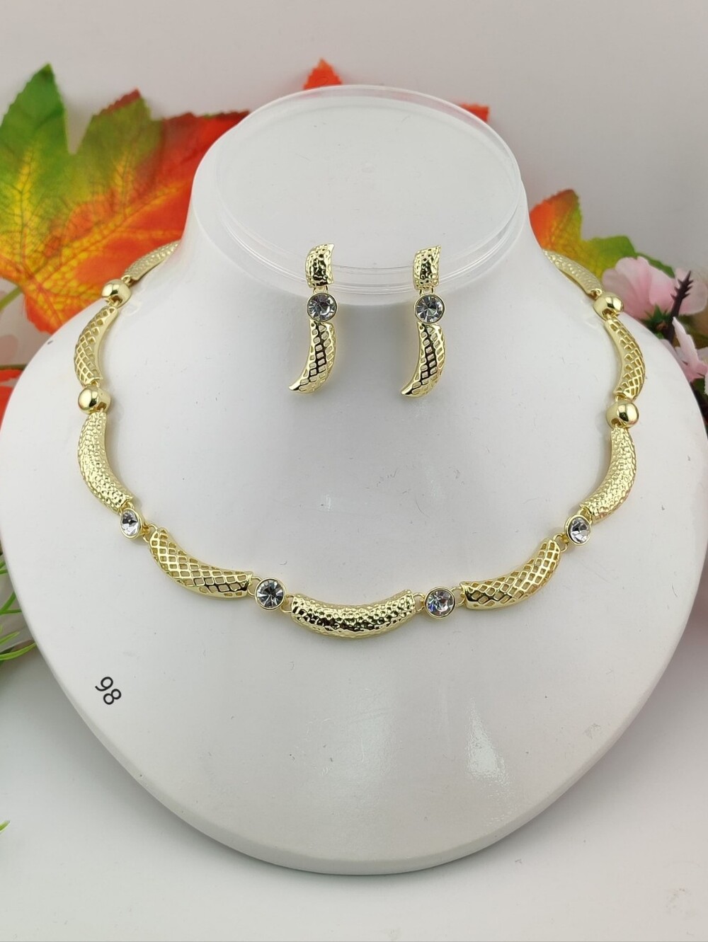 Gold-Tone Textured Necklace and Earrings Set with Crystal Accents